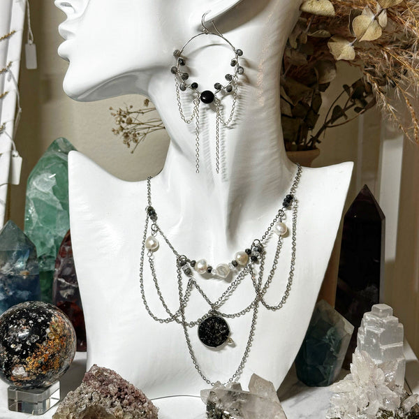 “The Intention Goddess” Black Labradorite &  Shungite Sterling Silver Dangle Earrings