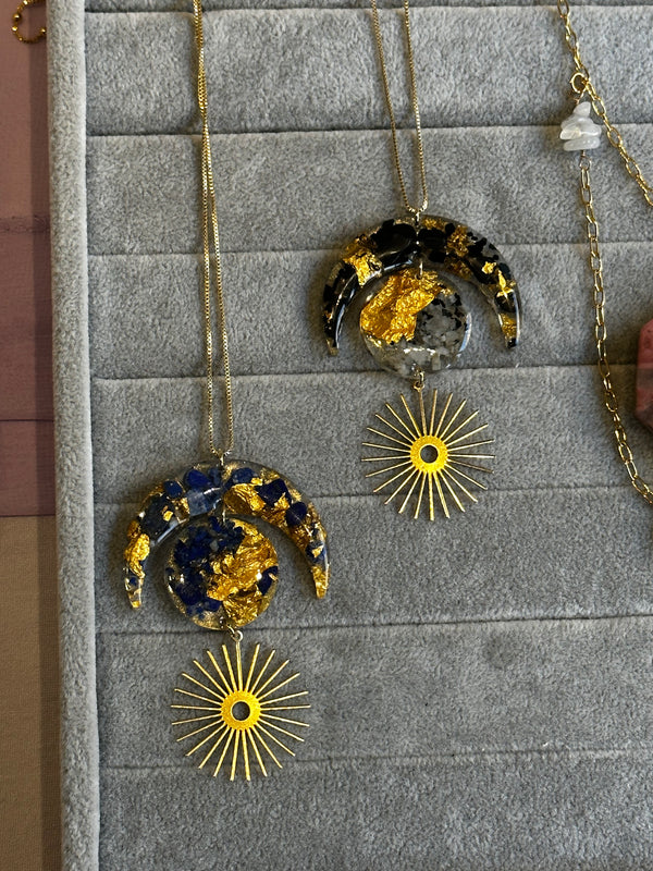 "Balanced Goddess" Real 24k Gold flakes, Shungite, Black Tourmaline and Moonstone & Lapis Lazuli Gold Filled Necklaces