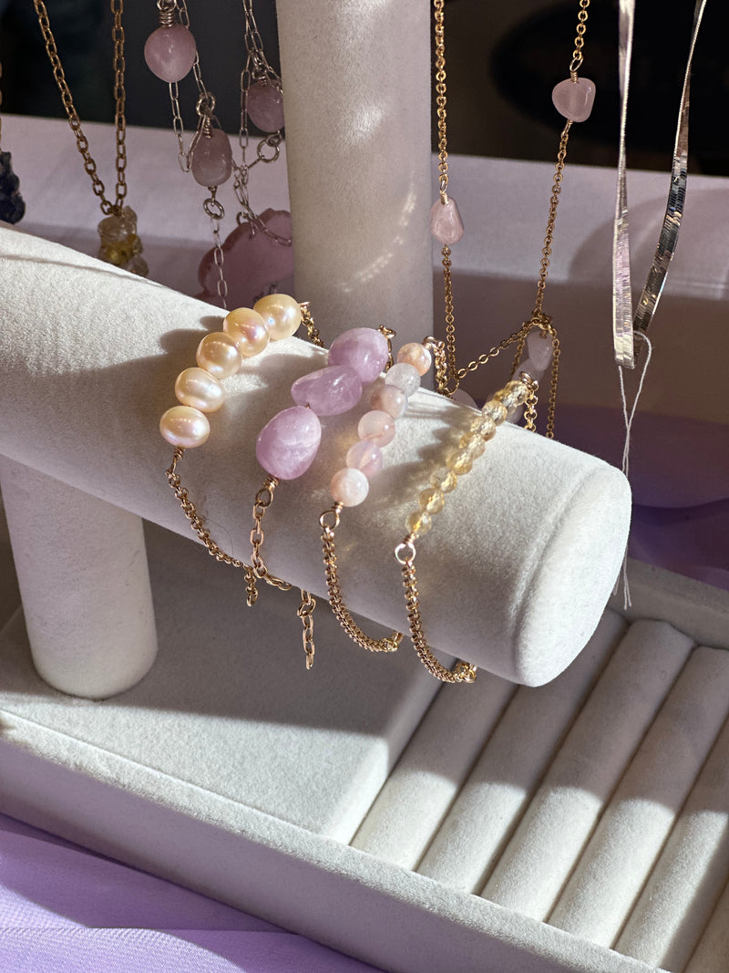 Flower Agate, Pearl Gold & Citrine Filled Bracelets