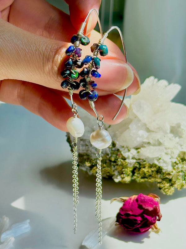 Black Opal & Pearl Sterling Silver Dangle Earrings