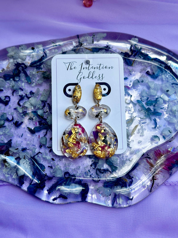 24k Gold with Rainbow Moonstone & Dried Flowers Stud