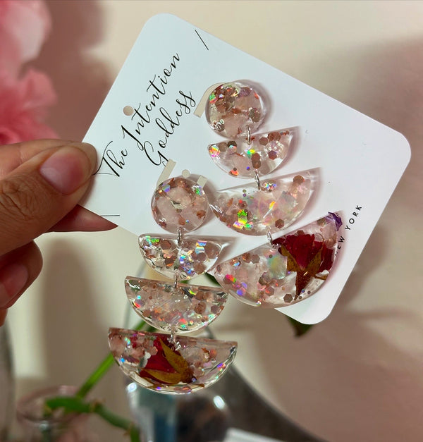 Rose Quartz Dried Roses & Shell Sterling Silver Studs