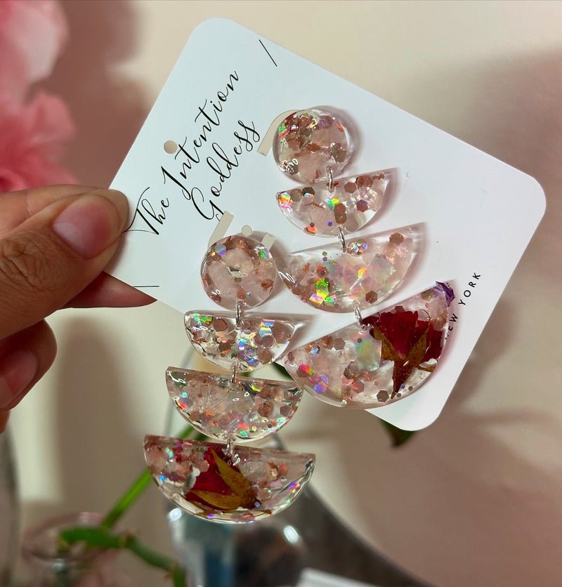 Rose Quartz Dried Roses & Shell Sterling Silver Studs