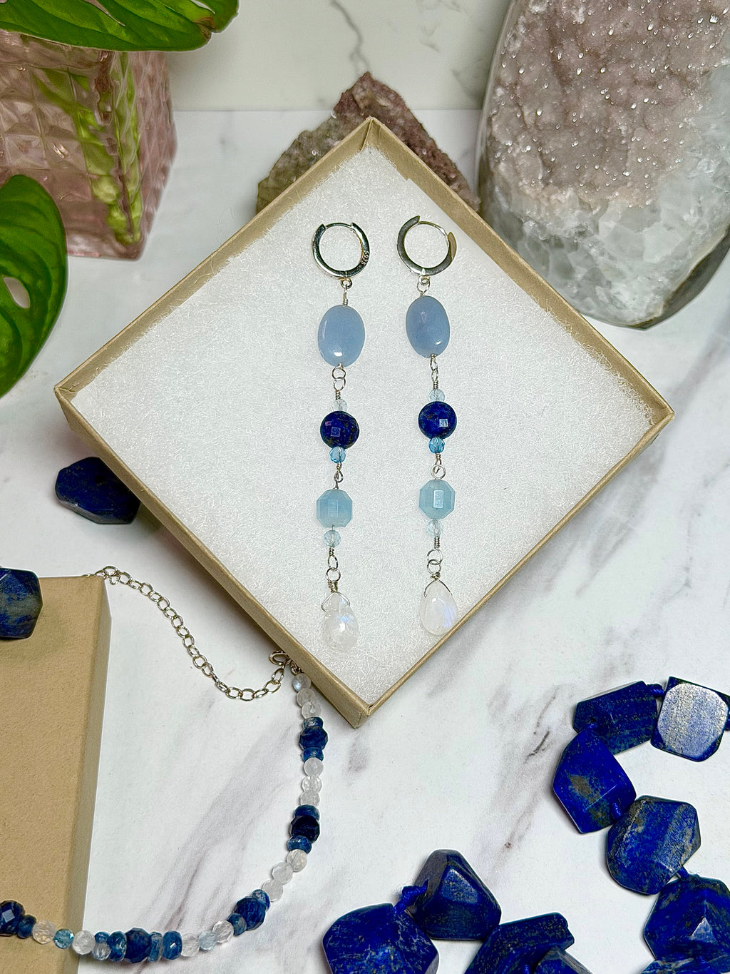 Angelite, Aquamarine, Lapis Lazuli & Moonstone Sterling Silver Dangle Hoops