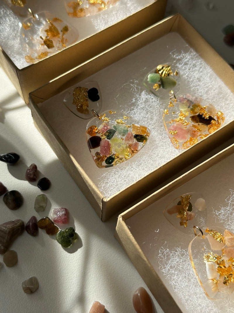 “Goddess of Abundance” Rose Quartz, Peach Moonstone, Watermelon Tourmaline, Dangle Studs