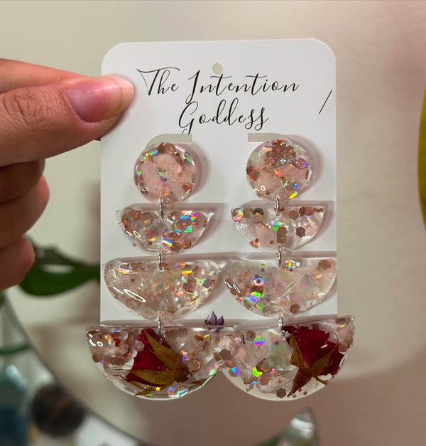 Rose Quartz Dried Roses & Shell Sterling Silver Studs