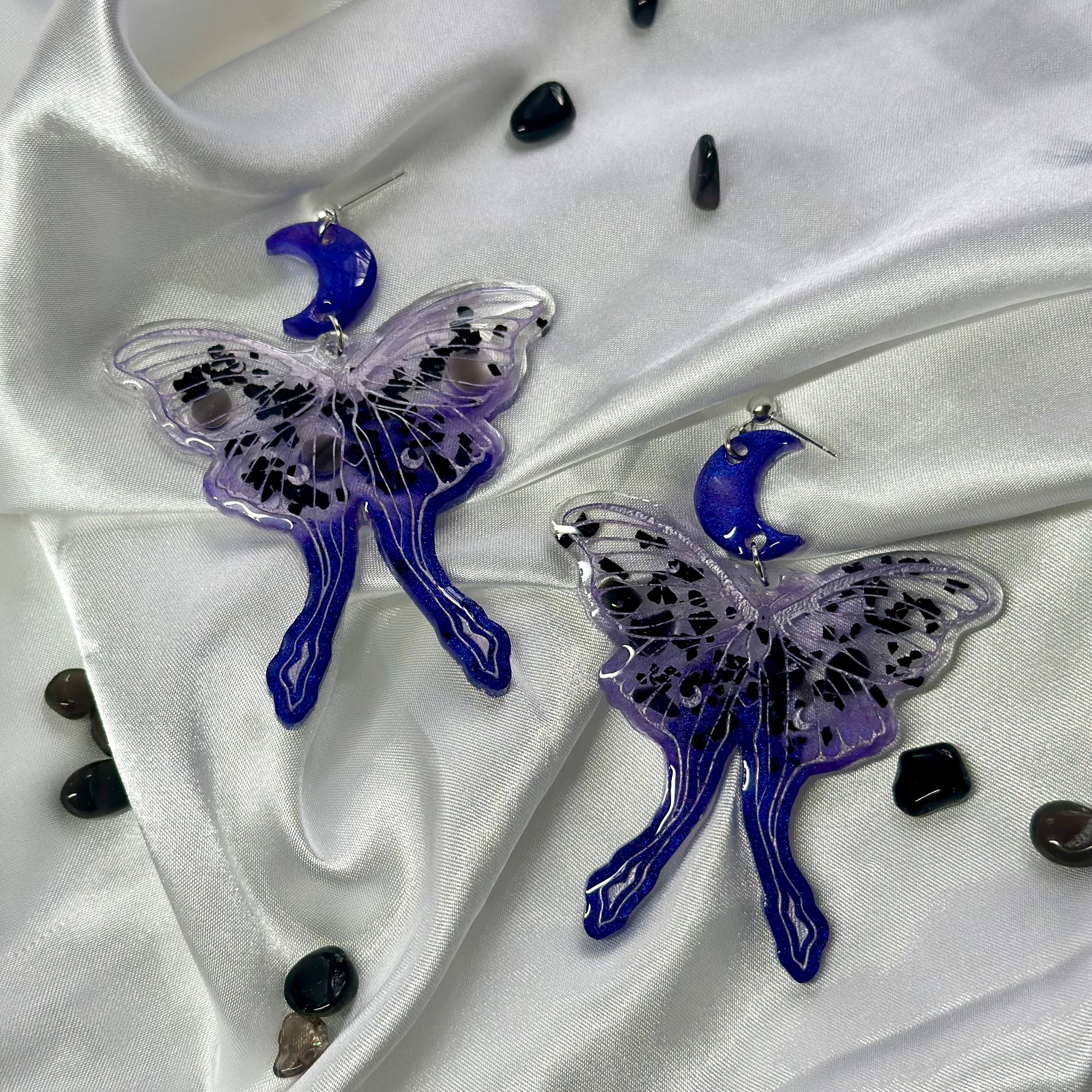 “Lunar Moth” Black Obsidian & Black Tourmaline Earrings