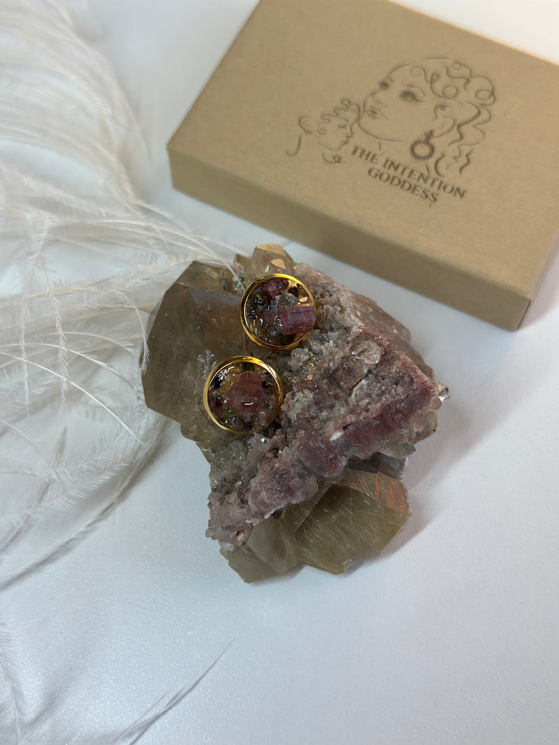 “Rawness” Watermelon Tourmaline Gold Stainless Steel Studs