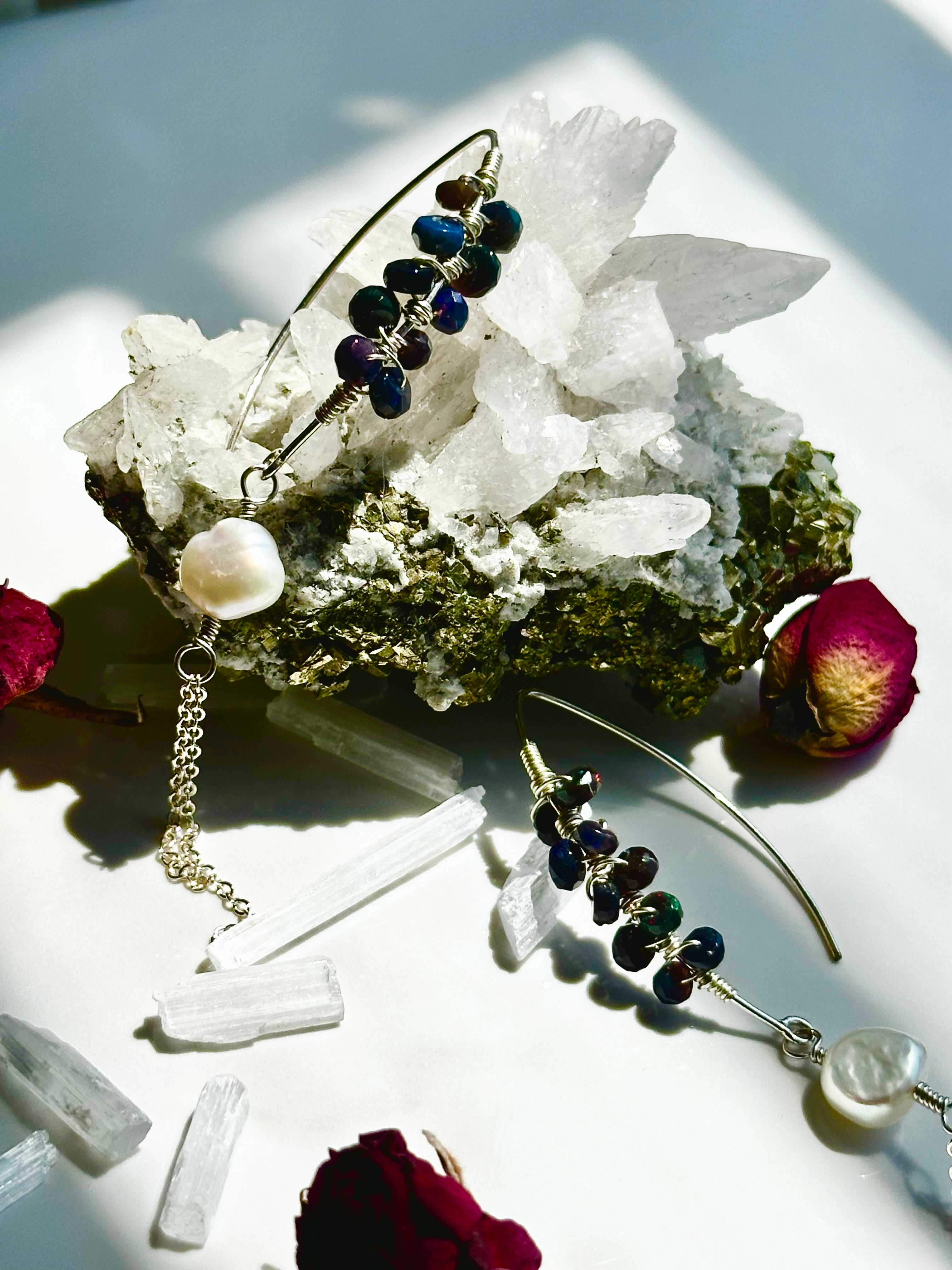 Black Opal & Pearl Sterling Silver Dangle Earrings