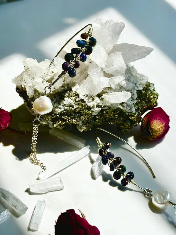 Black Opal & Pearl Sterling Silver Dangle Earrings