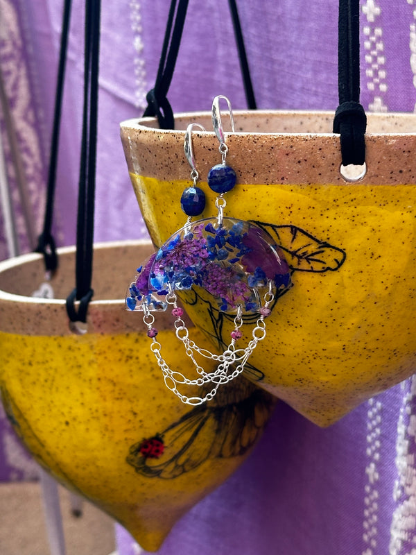 Rubies, Lapis Lazuli & Dried Flowers Sterling Silver Earrings