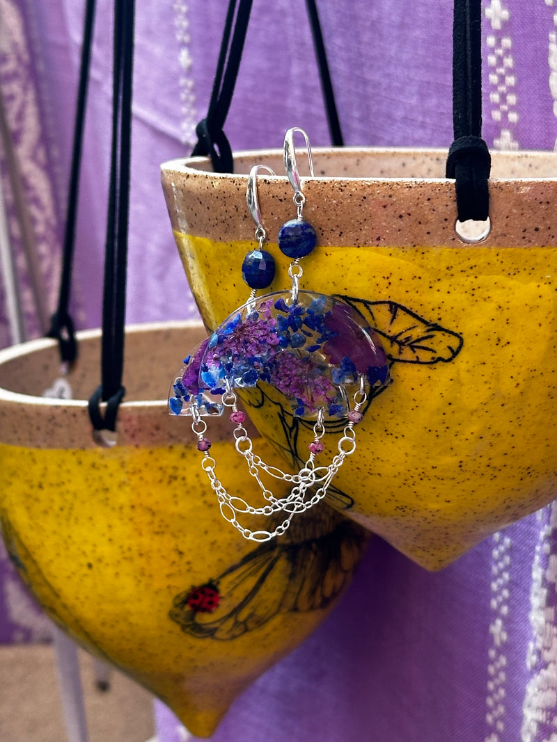Rubies, Lapis Lazuli & Dried Flowers Sterling Silver Earrings
