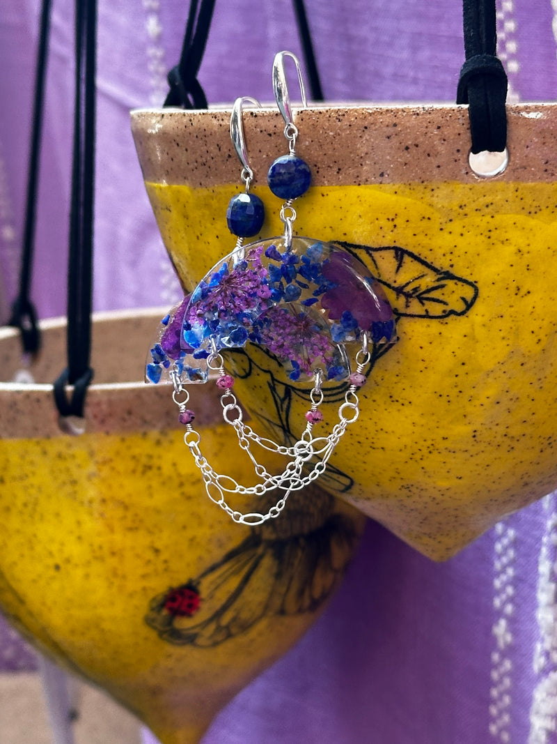 Rubies, Lapis Lazuli & Dried Flowers Sterling Silver Earrings