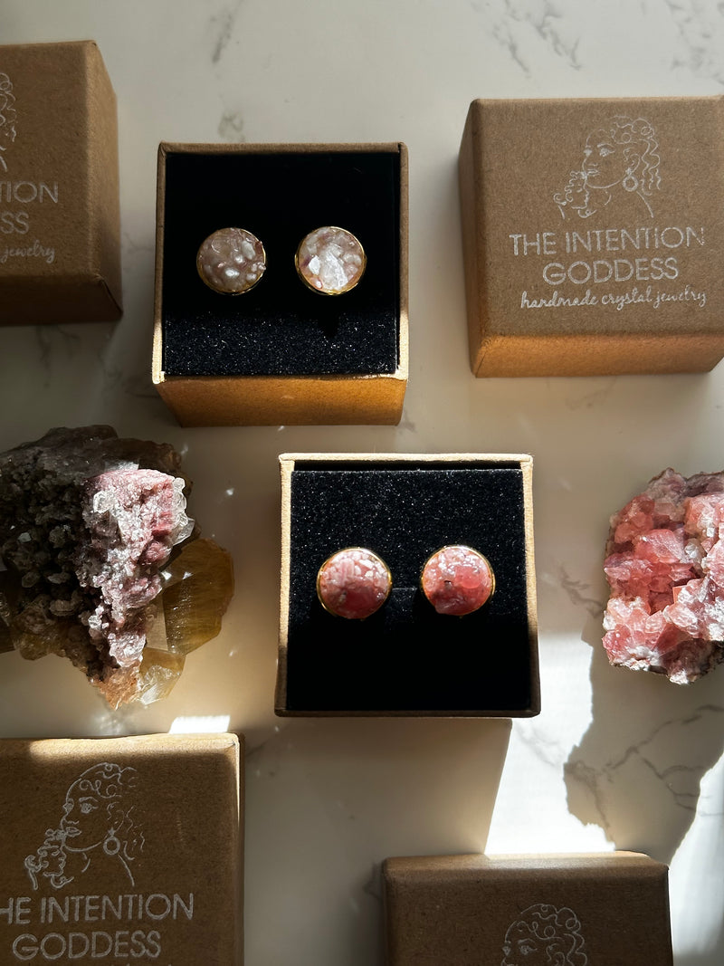 “Rawness” Rhodochrosite & Rose Quartz, Pink Tourmaline and Quartz Gold Stainless Steel Studs