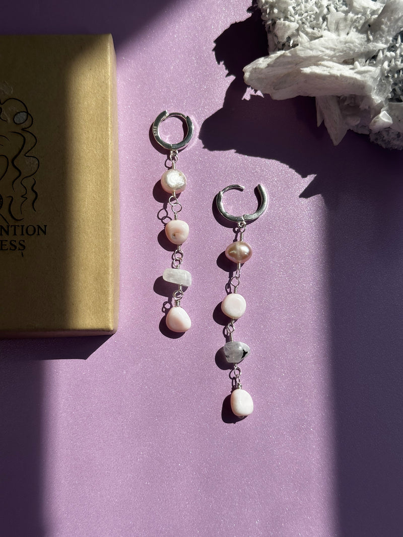 The Silver Drop Moonstone, Pink Opal & Pearl Sterling Silver Huggies