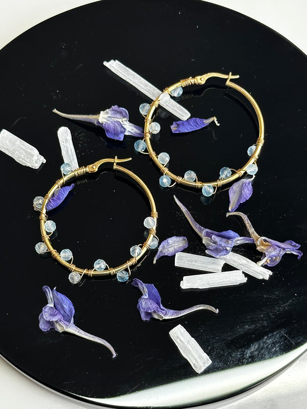 14k Solid Gold Aquamarine Hoops