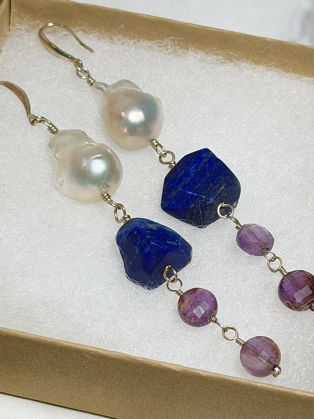 Baroque Pearl, Lapis Lazuli & Super 7 Sterling Silver Dangle Earrings