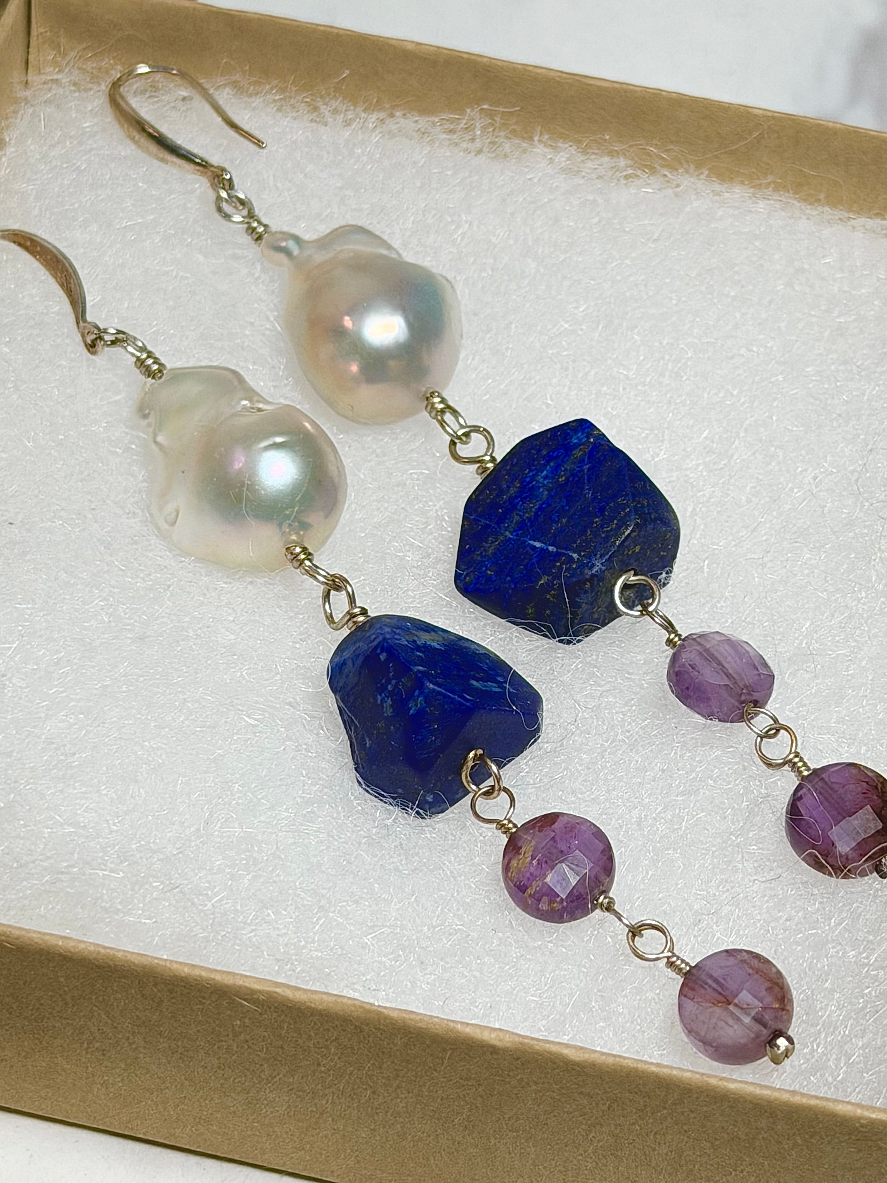 Baroque Pearl, Lapis Lazuli & Super 7 Sterling Silver Dangle Earrings