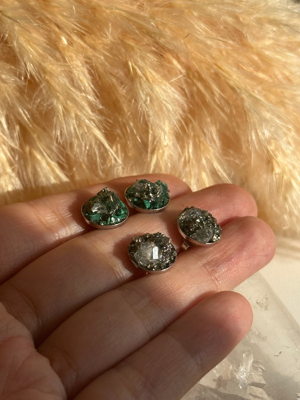 “Rawness” Herkimer Diamond, Malachite & Pyrite Sterling Silver Studs