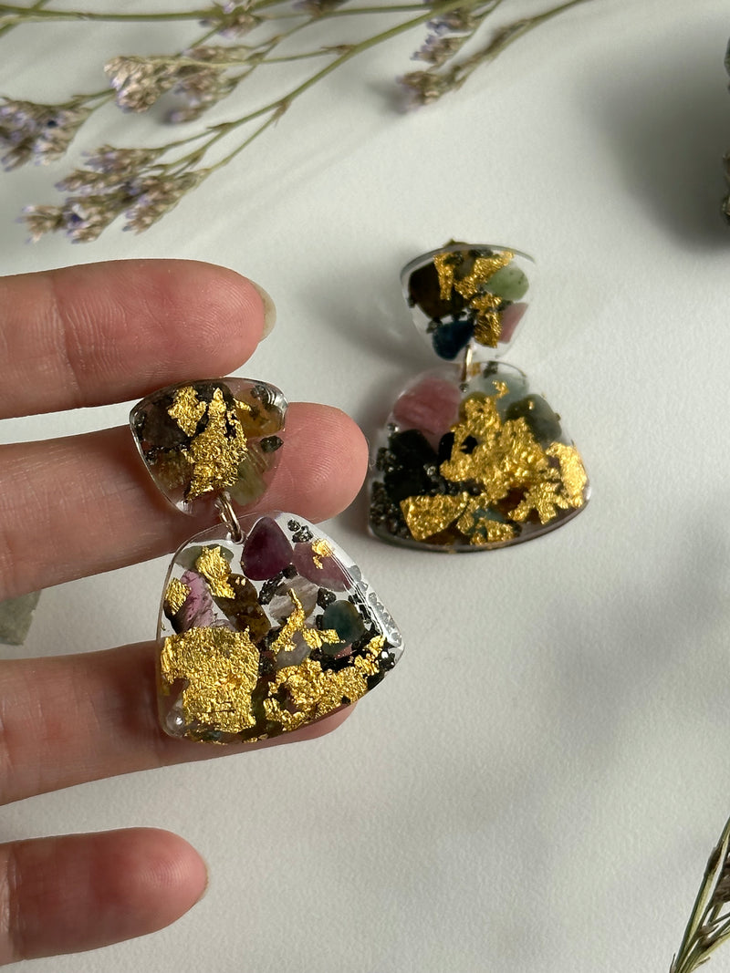 24k Gold with Watermelon Tourmaline & Pyrite Stainless Studs
