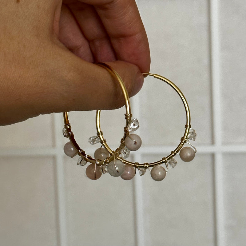 Flower Agate & Herkimer Diamonds Gold Filled Hoops