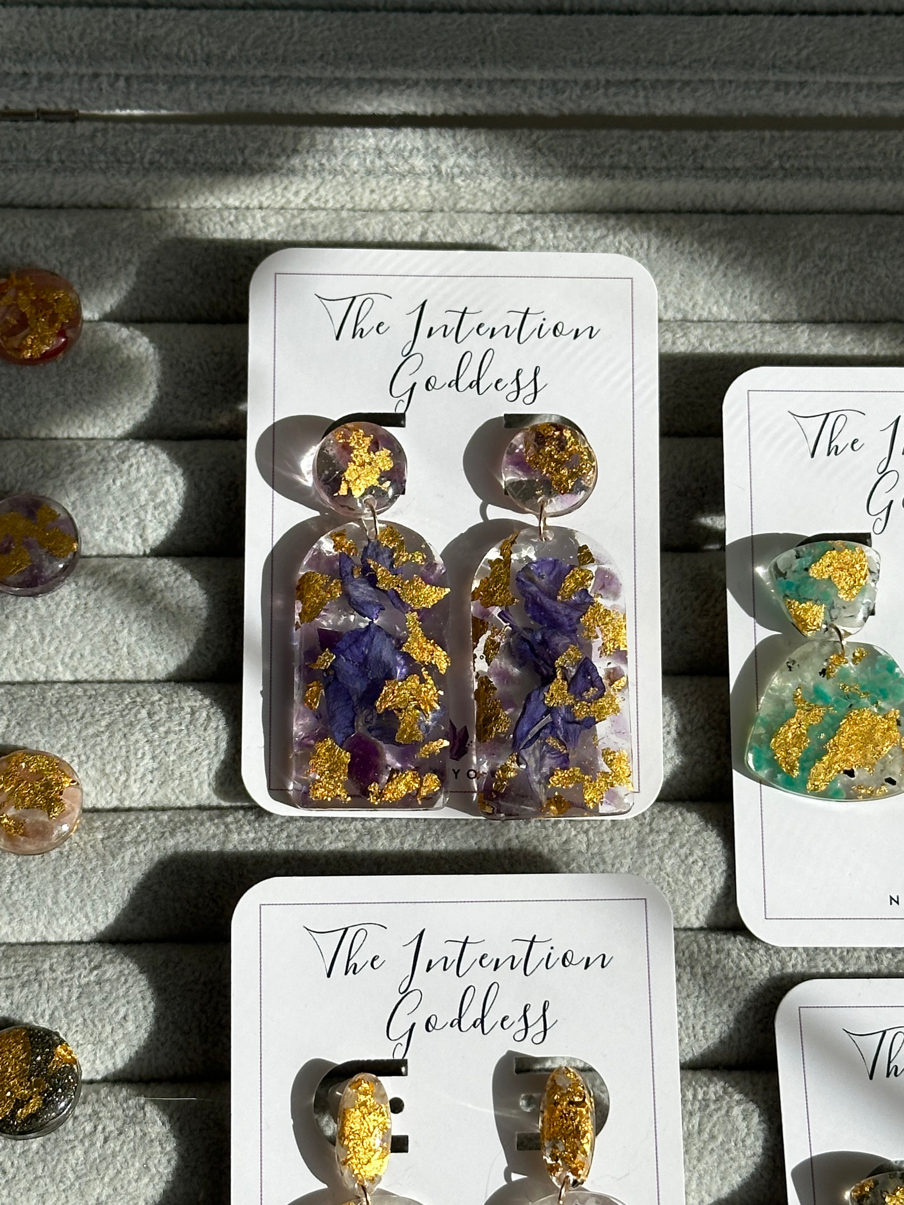 24k Gold Flakes, Purple Amethyst & Blue Flowers Big Studs