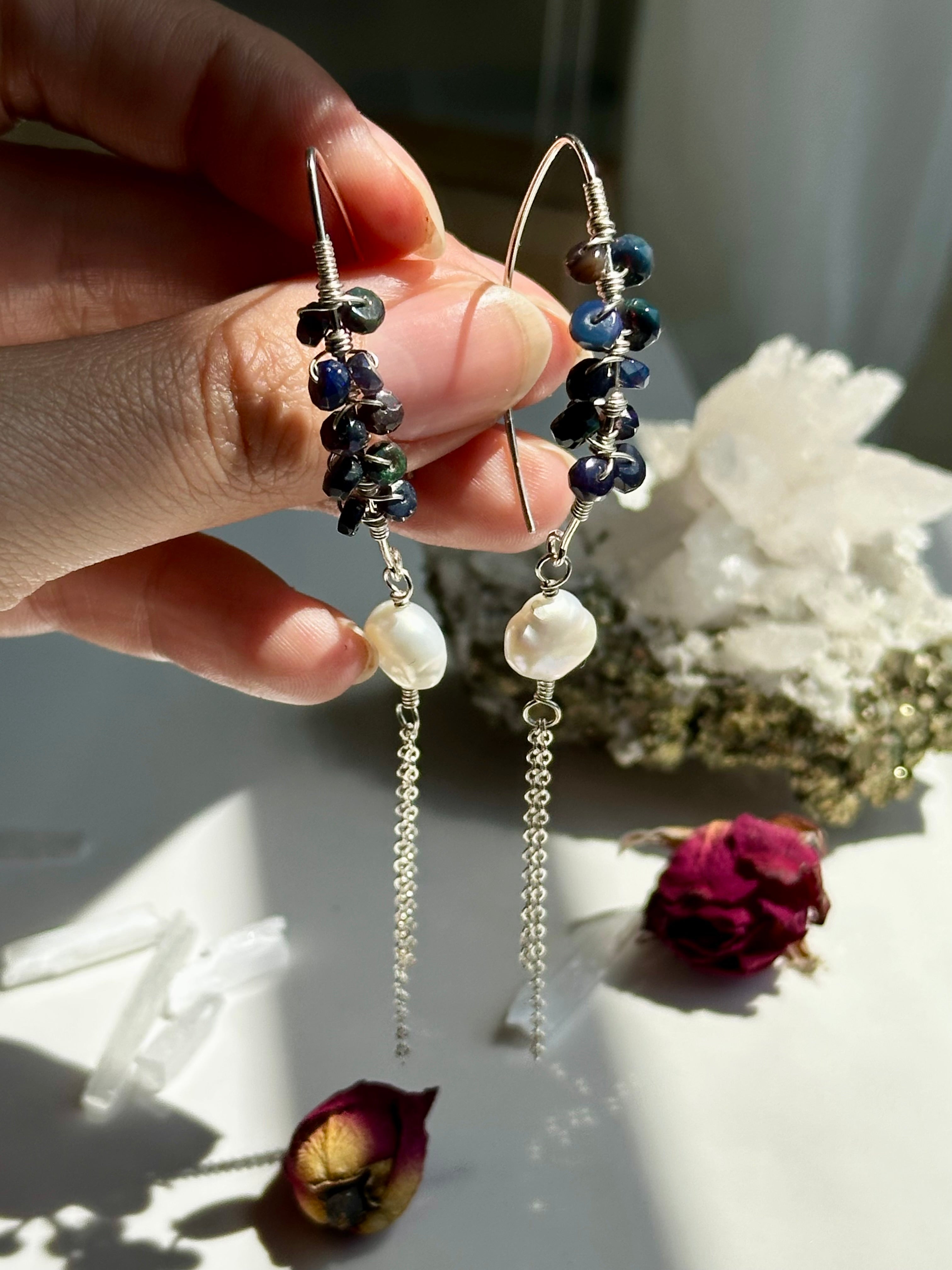Black Opal & Pearl Sterling Silver Dangle Earrings