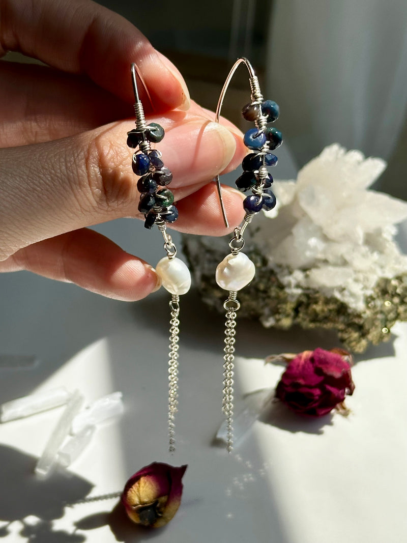 Black Opal & Pearl Sterling Silver Dangle Earrings