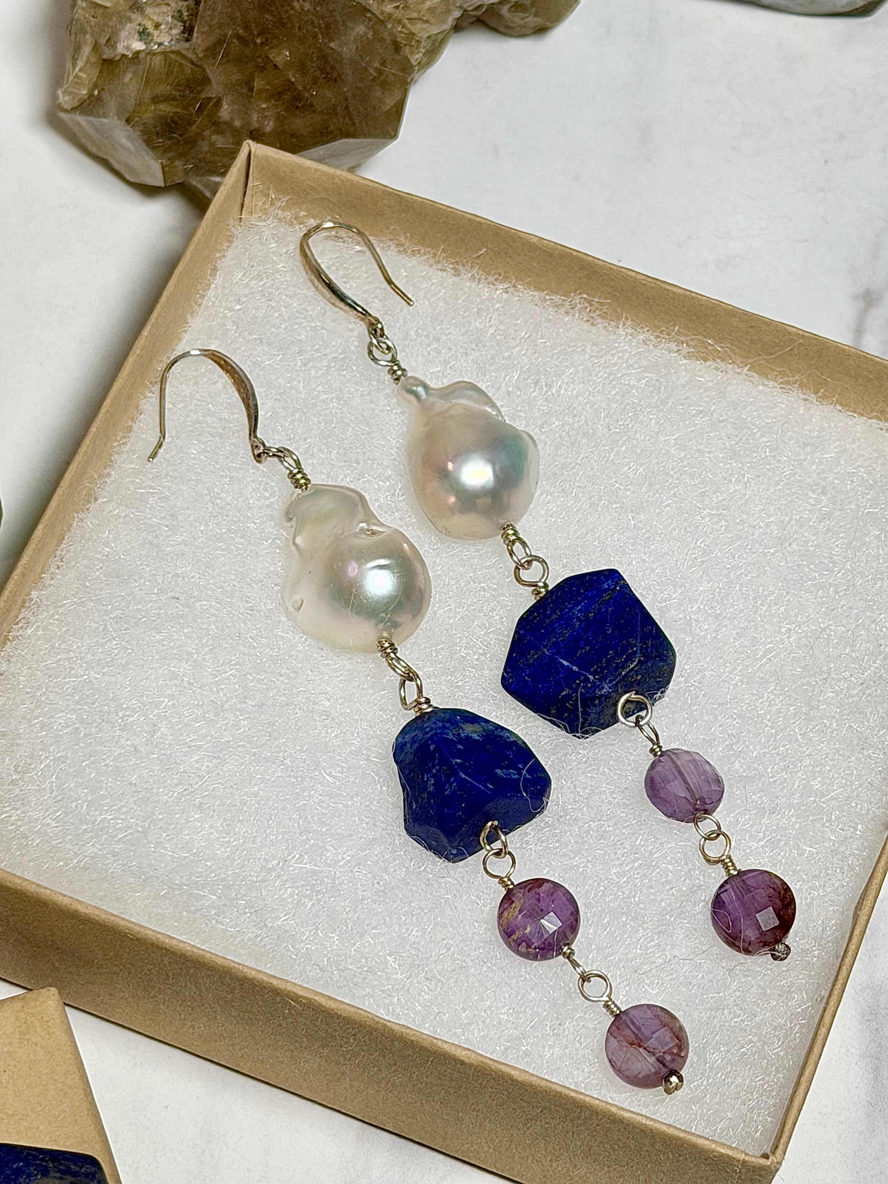 Baroque Pearl, Lapis Lazuli & Super 7 Sterling Silver Dangle Earrings