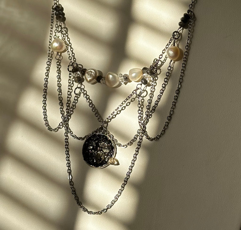 “Noche" Black Tourmaline, Petroleum Quartz, Black Labradorite, Herkimer Diamond & Pearls Stainless Steel Necklace