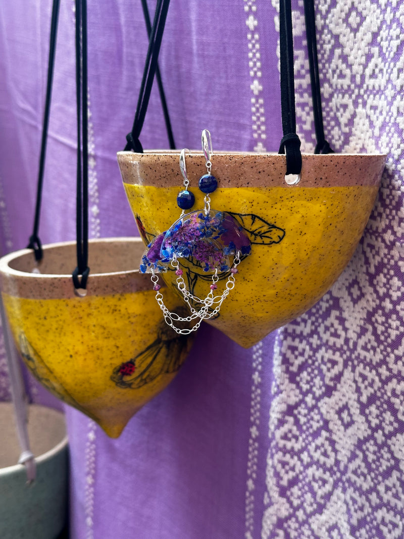 Rubies, Lapis Lazuli & Dried Flowers Sterling Silver Earrings