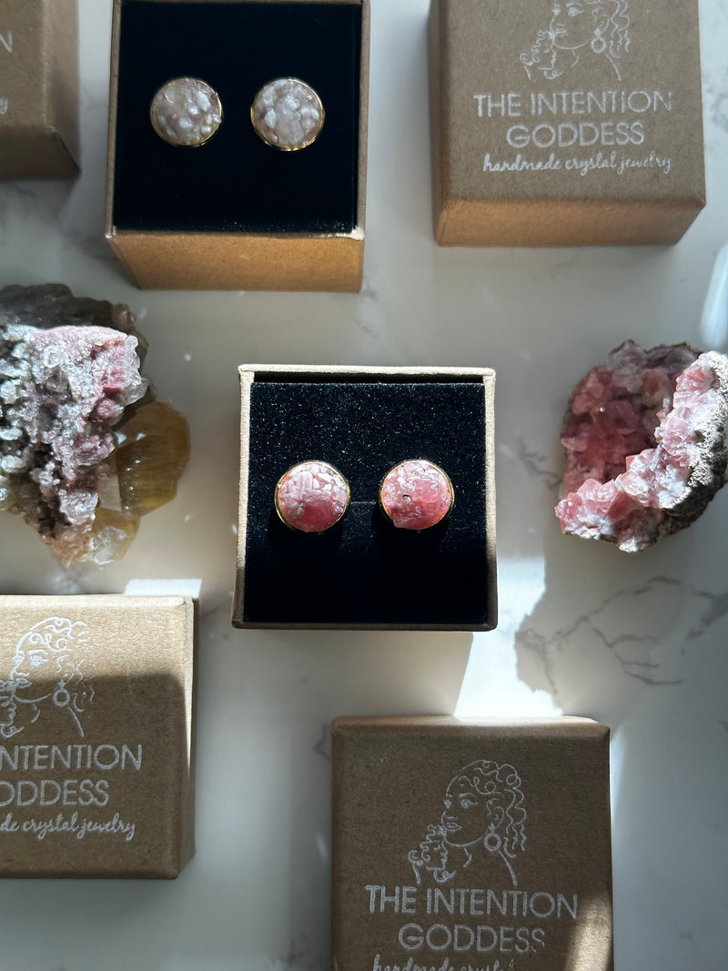 “Rawness” Rhodochrosite & Rose Quartz, Pink Tourmaline and Quartz Gold Stainless Steel Studs