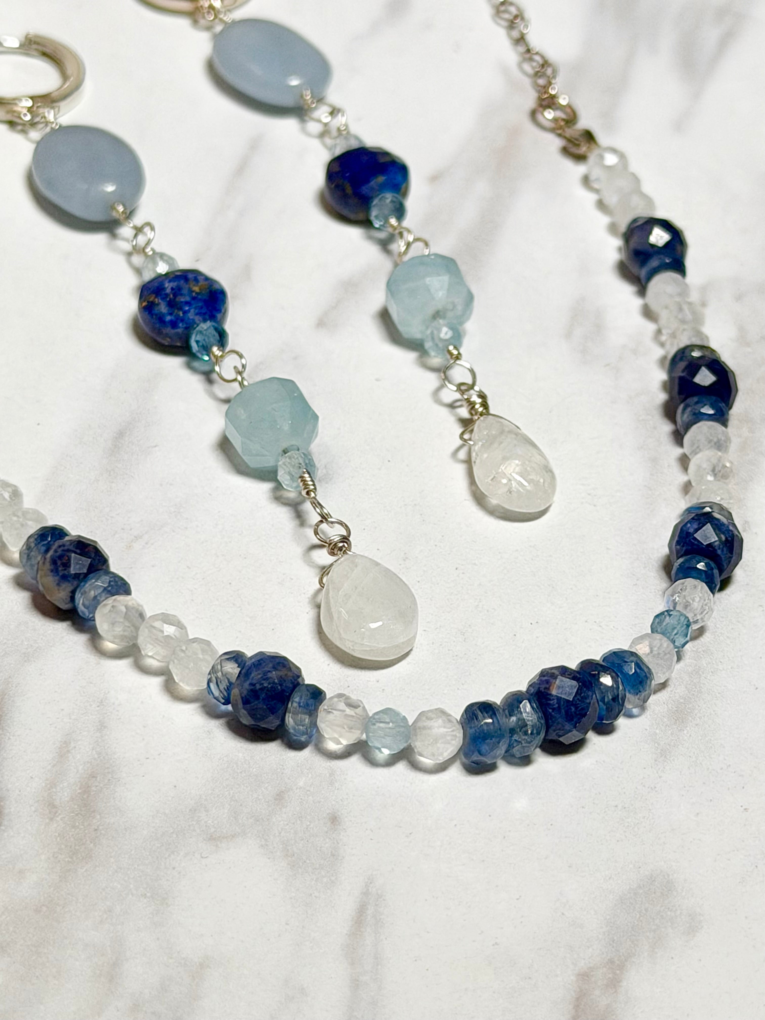 Angelite, Aquamarine, Lapis Lazuli & Moonstone Sterling Silver Dangle Hoops