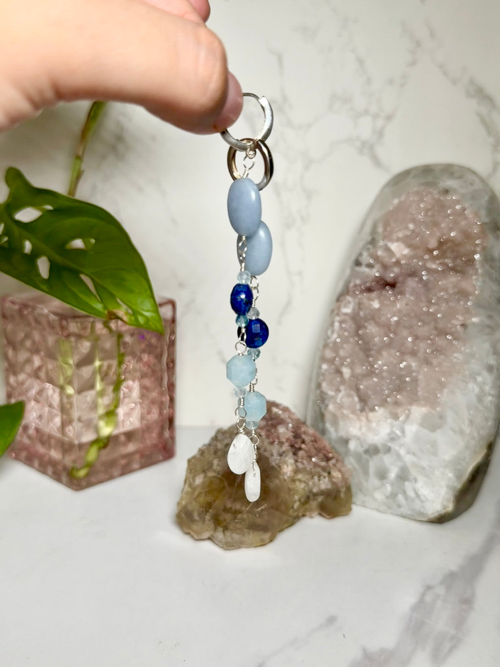 Angelite, Aquamarine, Lapis Lazuli & Moonstone Sterling Silver Dangle Hoops