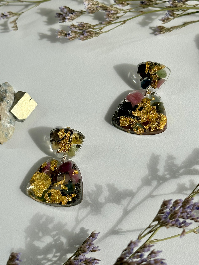 24k Gold with Watermelon Tourmaline & Pyrite Stainless Studs
