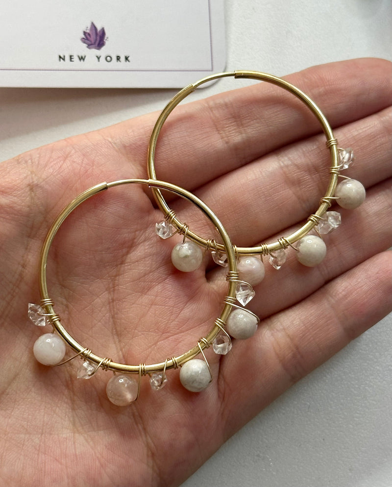 Flower Agate & Herkimer Diamonds Gold Filled Hoops