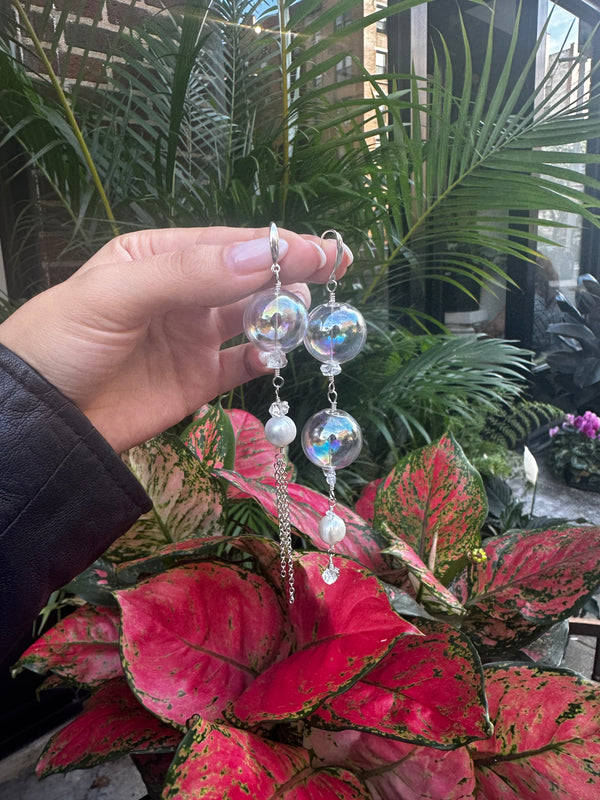 “The Crystal Ball” Moonstone, Herkimer Diamond & Pearl Sterling Silver Asymmetrical Earrings