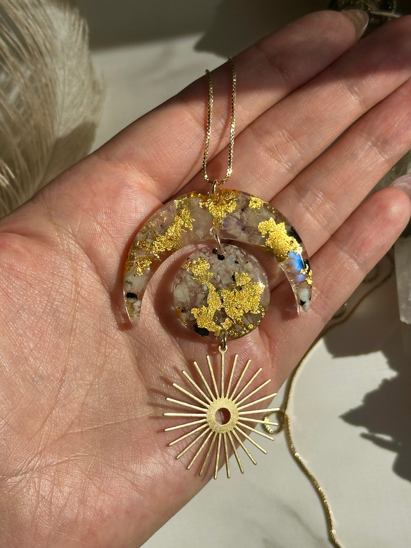 "Balanced Goddess" Real 24k Gold flakes, Shungite, Black Tourmaline and Moonstone & Moonstone and Selenite Gold Filled Necklaces