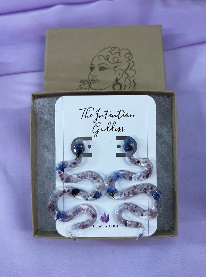 “The Feminine" Lepidolite & Dried Flowers Big Snake Studs