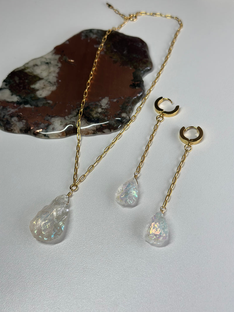 SET Aura Quartz Drop Water resistant 18k Filled Necklace & Earrings