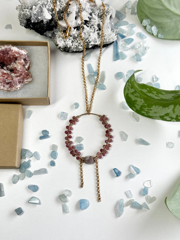 “The Intention Goddess” Pink Tourmaline and Jade Water Resistant Necklace