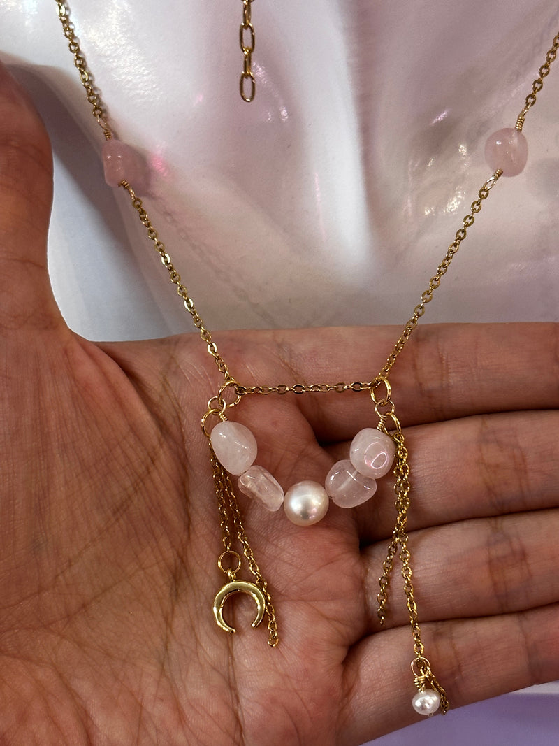 “Boho Love” Rose Quartz & Pearl Necklace