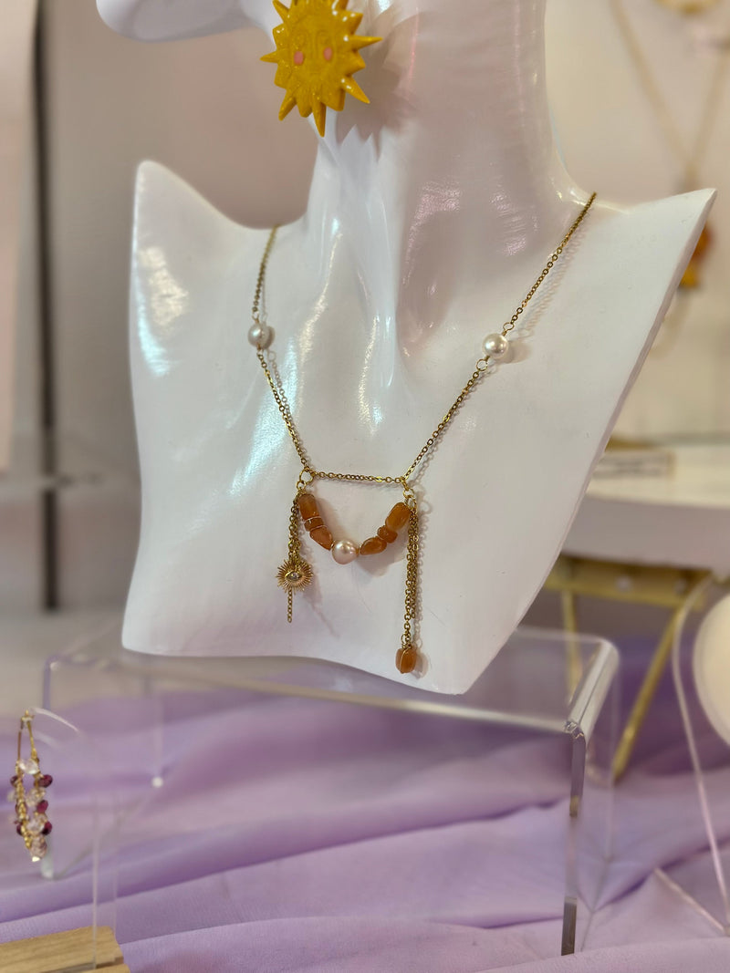 SET Sunstone & Pearls Stainless Steel Bangle Bracelet & Necklace