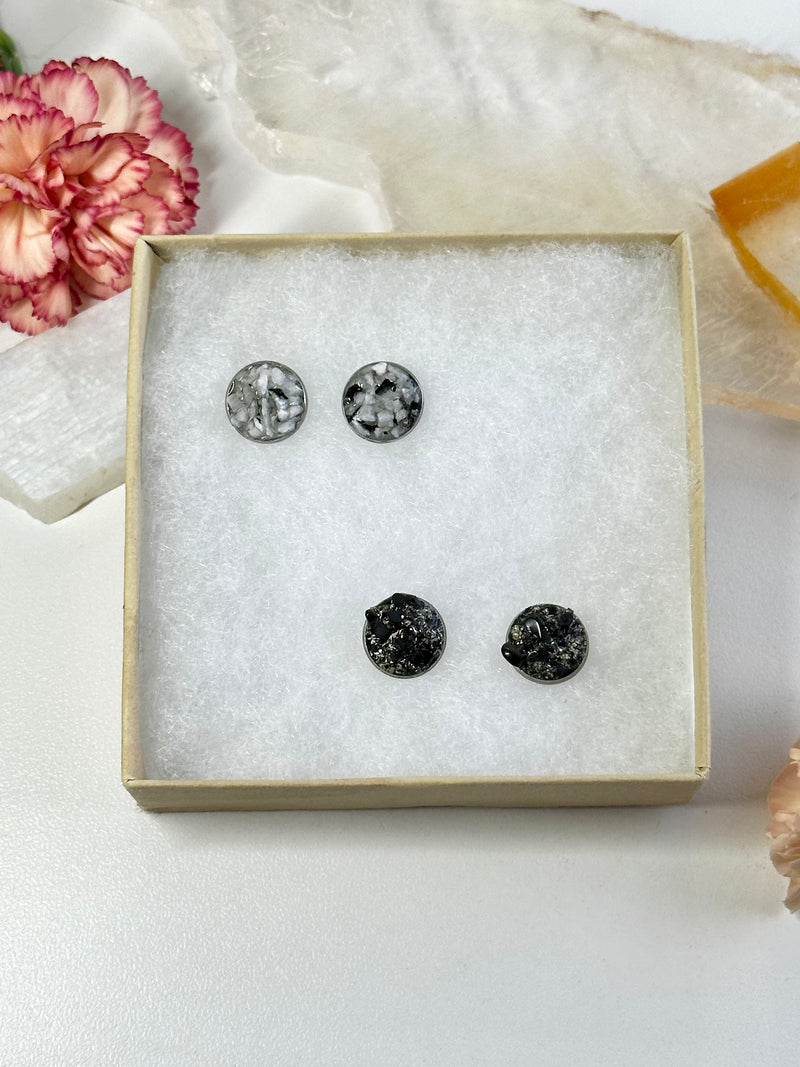 “Rawness” Shungite, Black Tourmaline & Pyrite Stainless Steel Studs