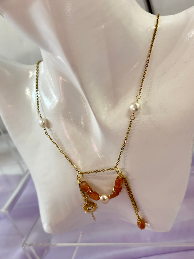 “Boho Power” Sunstone & Pearls Necklace
