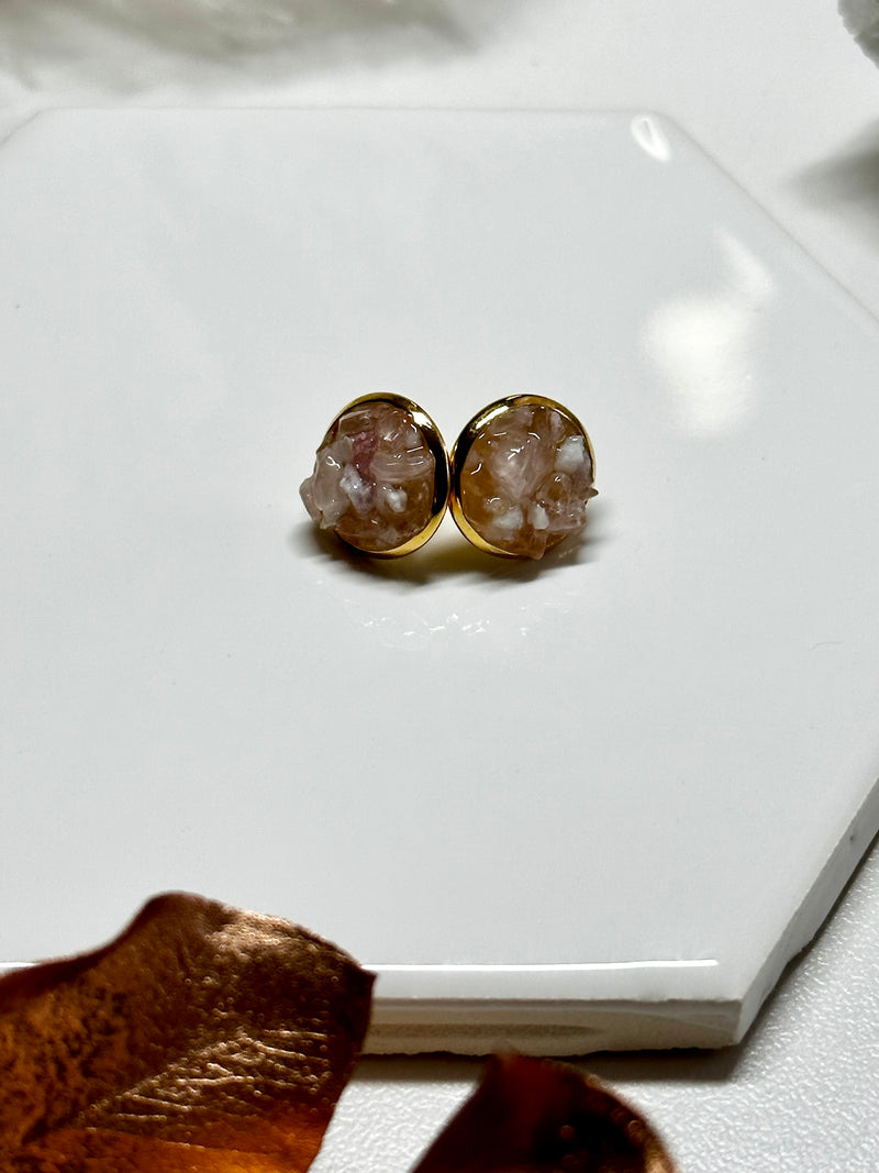 Rawness Rose Quartz, Pink Tourmaline and Quartz Gold Stainless Steel Studs