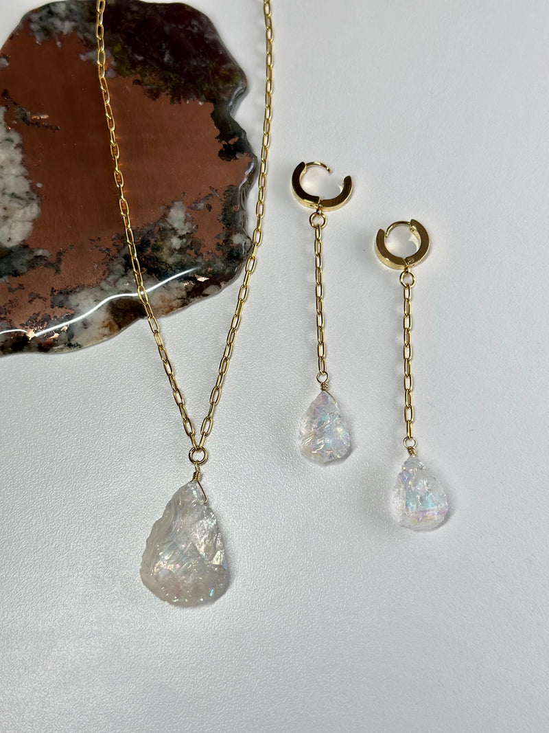 SET Aura Quartz Drop Water resistant 18k Filled Necklace & Earrings