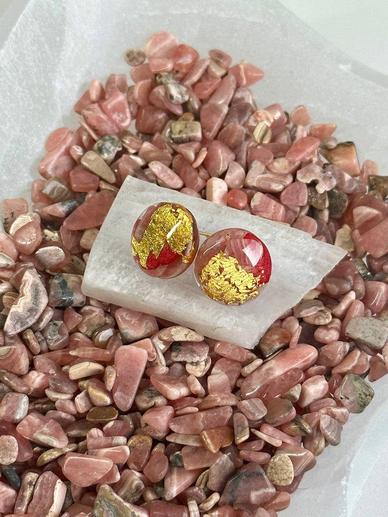 24k Gold Flakes Rhodochrosite, Rose Quartz and Roses Circle Studs