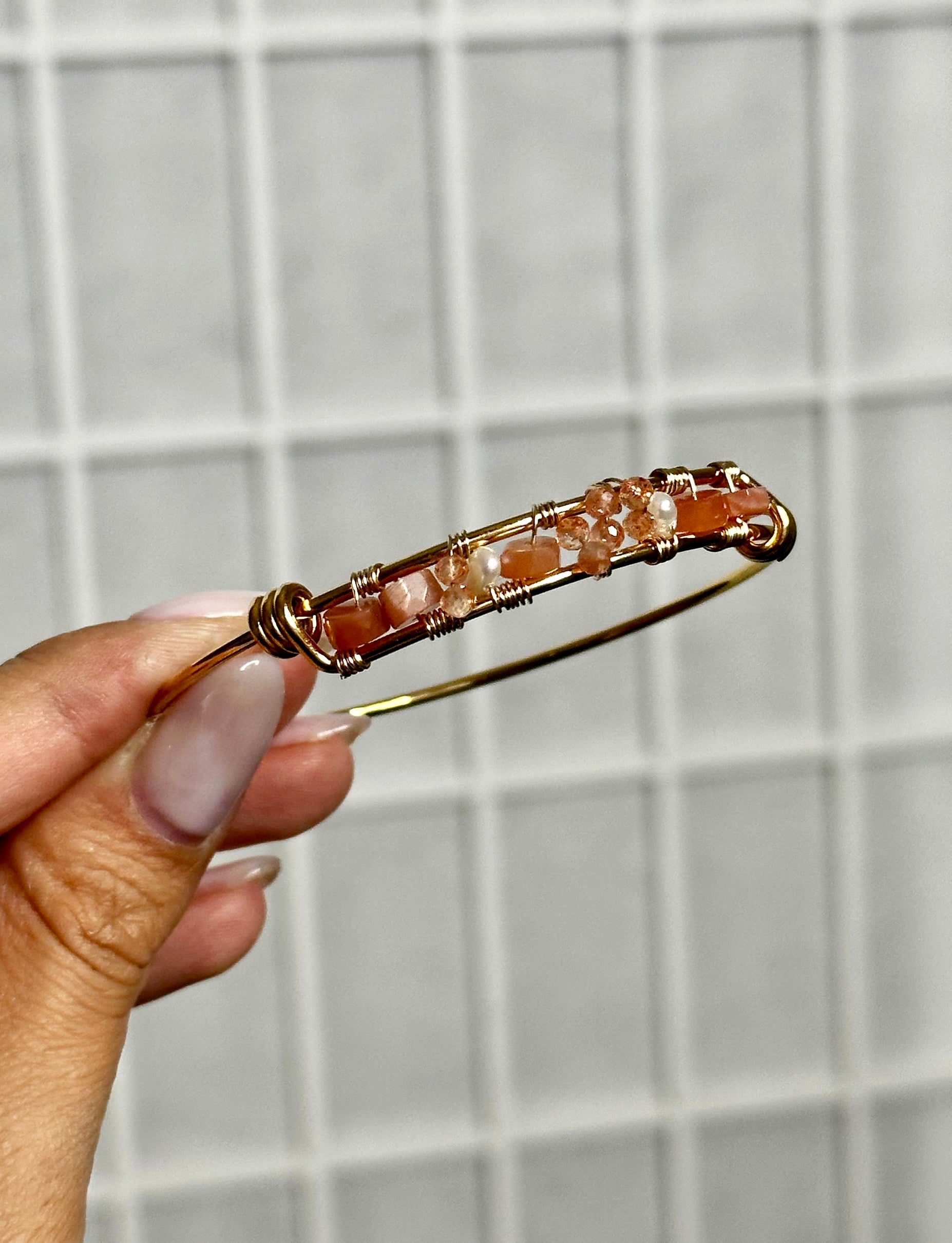 Sunstone & Pearls Stainless Steel Bangle Bracelet