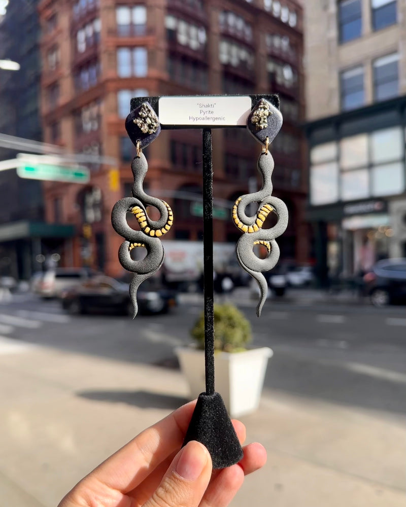 “Shakti” Pyrite Polymer Clay Snake Studs